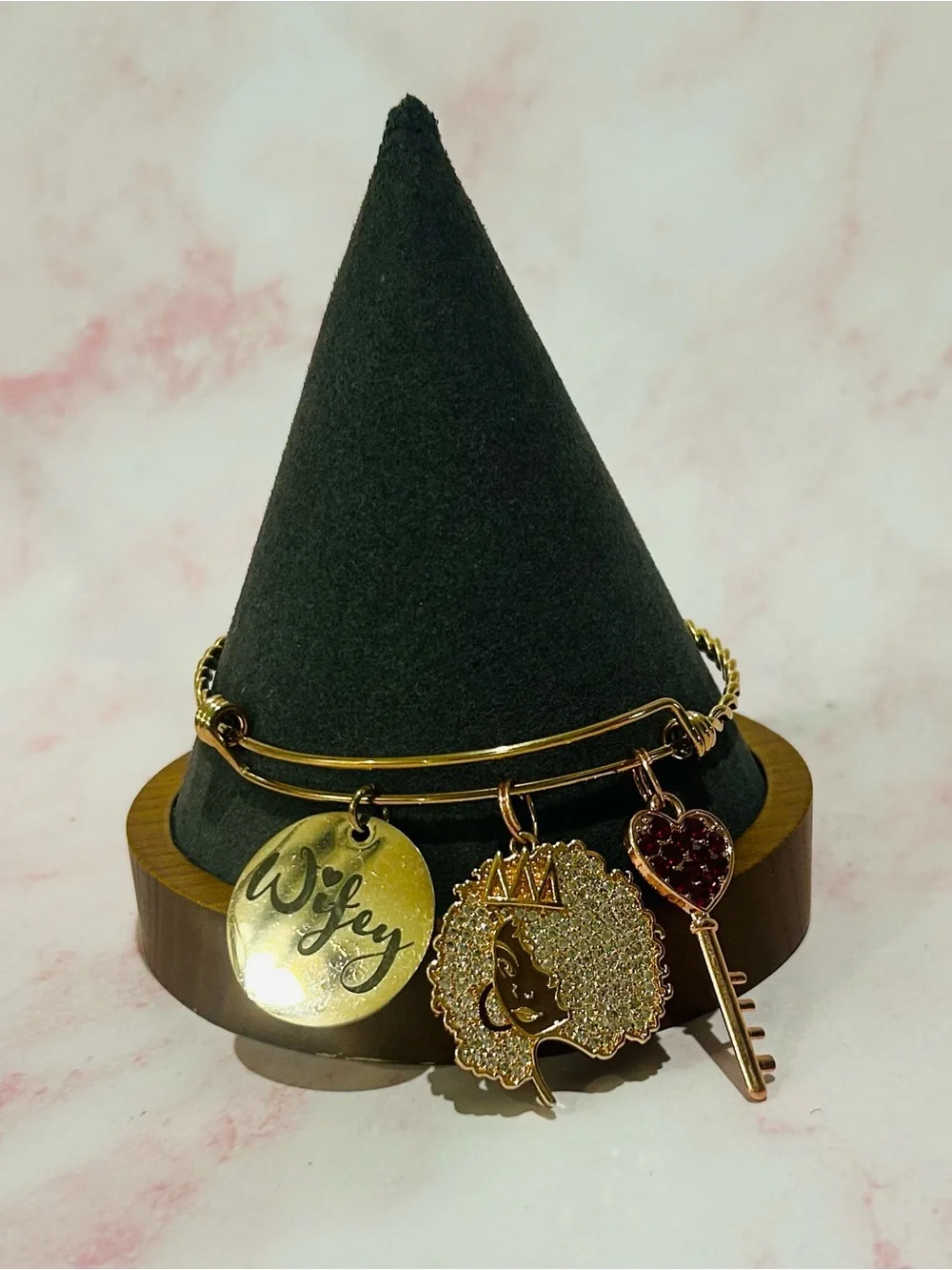 Gold 'Wifey' Charm-Rose gold Bangle Bracelet w/ Afro Queen and Heart Key Charms
